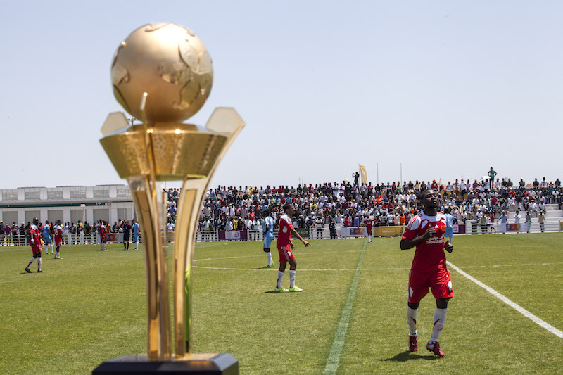 A football match between employees of Gulf Contracting and Mowasalat during the Workers Cup in Doha April 22, 2016. u00e2u20acu201d Picture by Olya Morvan/The New York Times