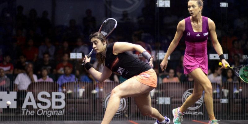 Nour El Sherbini (EGY) and Donna Urquhart (AUS) first round Womenu00e2u20acu2122s World Championships squash, National Squash Centre, Bukit Jalil, April 26, 2016. Courtesy PSA World Tour/mroslanhisam.com