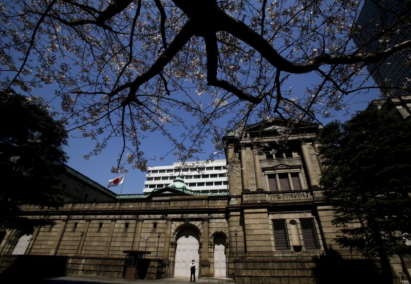 A security officer stands guard near half-blooming cherry blossoms outside the Bank of Japan (BOJ) headquarters in Tokyo, Japan. u00e2u20acu2022 Reuters pic