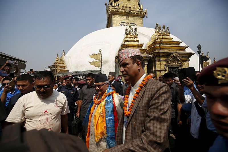 Nepal Prime Minister Khadga Prasad Sharma Oli arrives to take part in an event to initiate the reconstruction at Swoyambhunath Stupa, a Unesco world heritage site a year after the 2015 earthquakes in Kathmandu April 25, 2016. u00e2u20acu201d Reuters pic