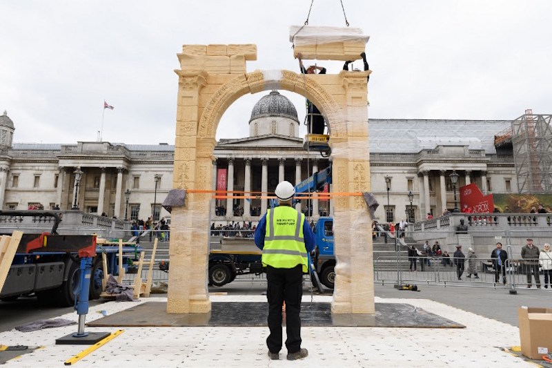 A replica of Palmyrau00e2u20acu2122s Arch of Triumph is erected in Trafalgar Square, central London, April 18, 2016. u00e2u20acu201d AFP picn