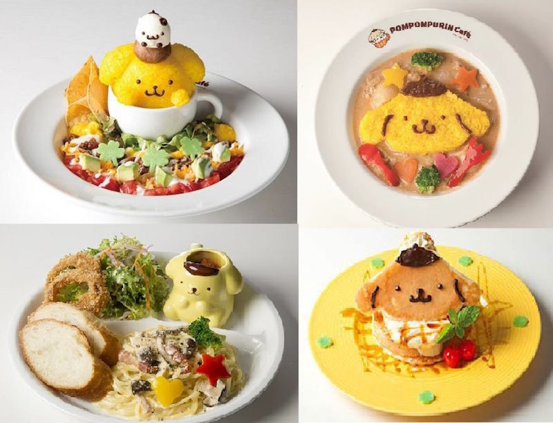 Some of the items at the Pompompurin Cafe include (clockwise from top left) Taco Rice in a Cup of Friendship, coconut milk chicken curry, banana and caramel pancake and bacon and mushroom carbonara. u00e2u20acu201d Handout via TODAYn