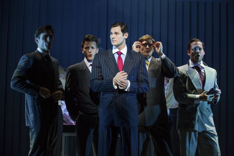 An undated handout photo of a power-suited Benjamin Walker and other cast from in the new Broadway musical ‘American Psycho,’ based on the novel which is set in the Wall Street boom of the late 1980's. ― Picture by Jeremy Daniel/The New York Times