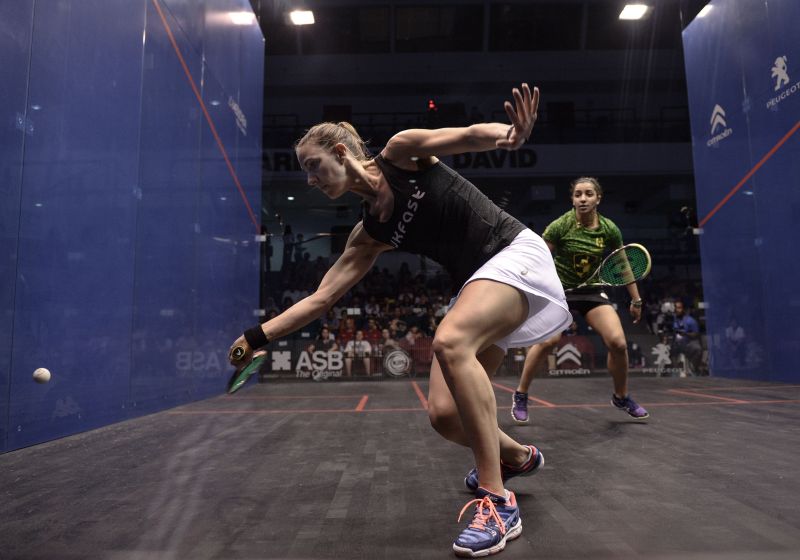 Laura Massaro of England (L) plays a forehand against Raneem El Welily of Egypt, semi-final, PSA Womenu00e2u20acu2122s World Championships squash tournament, Bukit Jalil, outside Kuala Lumpur, April 29, 2016. nMOHD RASFAN / AFPn