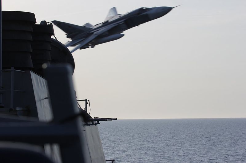 US Navy picture shows what appears to be a Russian Sukhoi SU-24 attack aircraft making a very low pass close to the US guided missile destroyer USS Donald Cook in the Baltic Sea in this picture taken April 12, 2016 and released April 13, 2016. u00e2u20acu201d Reuters