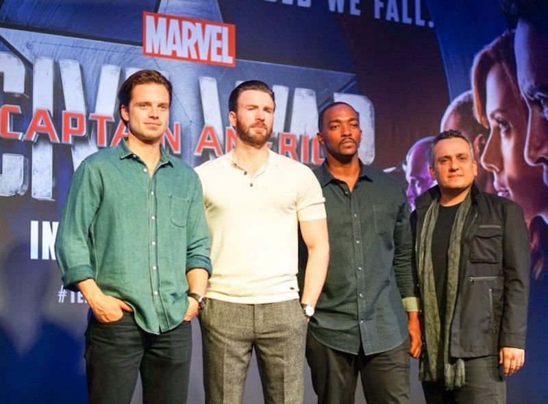 u00e2u20acu02dcCaptain America: Civil Waru00e2u20acu2122 in Singapore: Sebastian Stan (Winter Soldier/Bucky), Chris Evans (Captain America), Anthony Mackie (Falcon) and director Joe Russo. u00e2u20acu201d TODAY picn