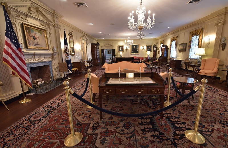 The Treaty of Paris Desk in the John Quincy Adams State Drawing Room at the State Department.