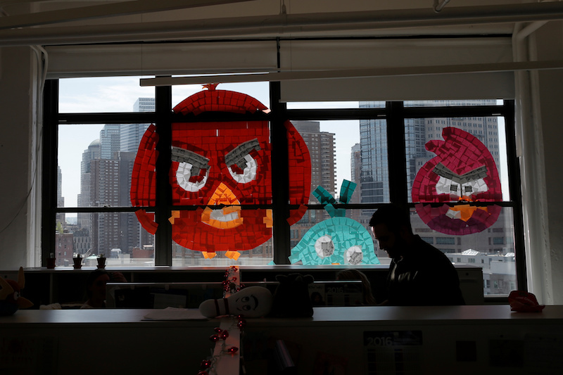 Images of Angry Birds created with Post-it notes are seen on a window created with Post-it notes at the Horizon Media offices at 75 Varick Street in lower Manhattan, New York, May 18, 2016. u00e2u20acu201d Reuters pic