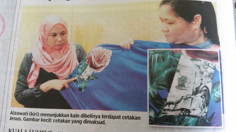 A snapshot of the cloth allegedly featuring a printed image of u00e2u20acu02dcJesus Christ,u00e2u20acu2122 as reported in Sinar Harian on May 1, 2016.