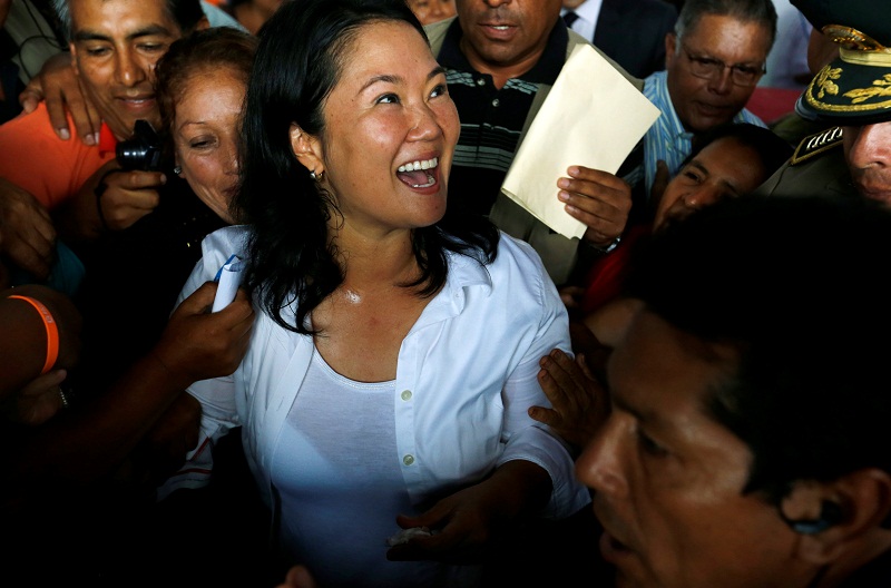 Peruvian presidential candidate Keiko Fujimori (centre) of Fuerza Popular (Popular Force) party greets supporters after a meeting with local leaders in San Juan de Lurigancho in Lima, Peru, May 10, 2016. u00e2u20acu201d Reuters pic