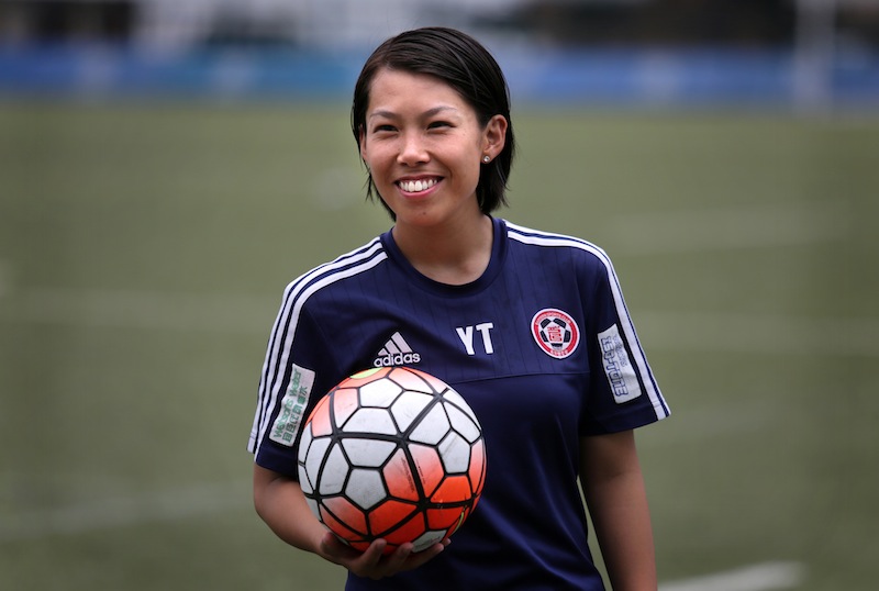 This picture taken on May 11, 2016 shows head coach of Eastern Football club Chan Yuen-ting smiling after a team training session in Hong Kong. u00e2u20acu201d AFP pic