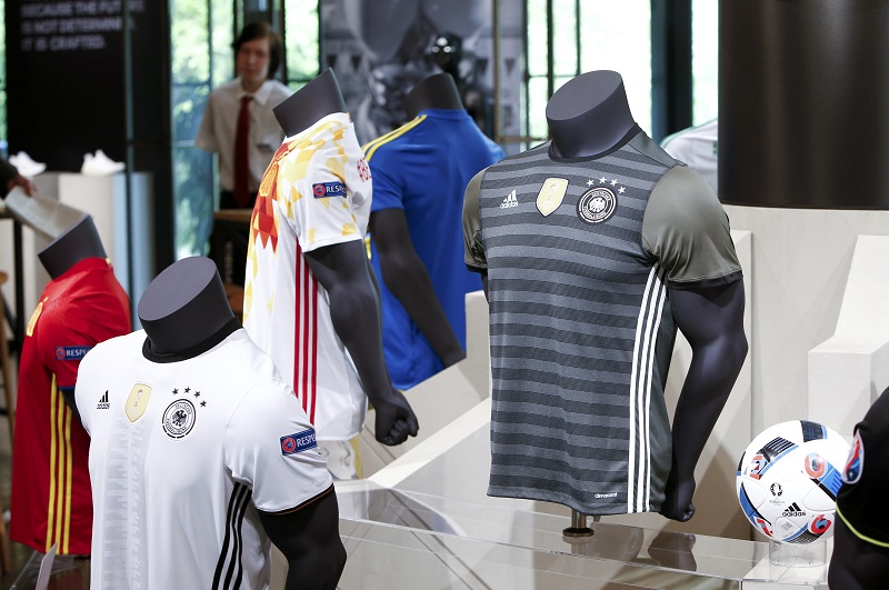 The official Adidas jersey of the German national football team is pictured before the company annual general meeting in the northern Bavarian town of Fuerth near Nuremberg, Germany, May 12, 2016. u00e2u20acu201d Reuters pic