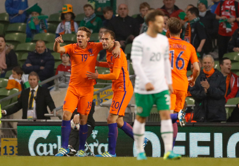 The Netherlands' Luuk De Jong celebrates scoring their first goal with Bas Dost against Republic of Ireland during their international friendly in Aviva Stadium, Dublin, May 27, 2016. u00e2u20acu201d Reuters pic
