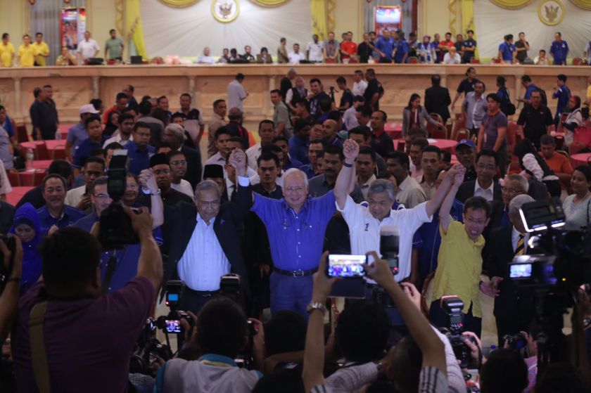 Sarawak Chief Minister Tan Sri Adenan Satem, Prime Minister Datuk Seri Najib Razak and Deputy Prime Minister Datuk Seri Ahmad Zaid Hamidi celebrate with other BN leaders in Kuching May 7, 2016. u00e2u20acu201d Picture by Ahmad Zamzahuri