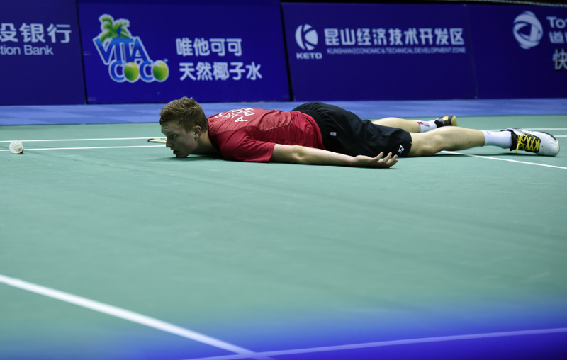 File picture shows Viktor Axelsen of Denmark reacting after missing a point against Lee Chong Wei (not seen in picture) during their men's singles semi finals match in the Thomas Cup badminton tournament in Kunshan, China on May 20, 2016. u00e2u20acu201d AFP pic
