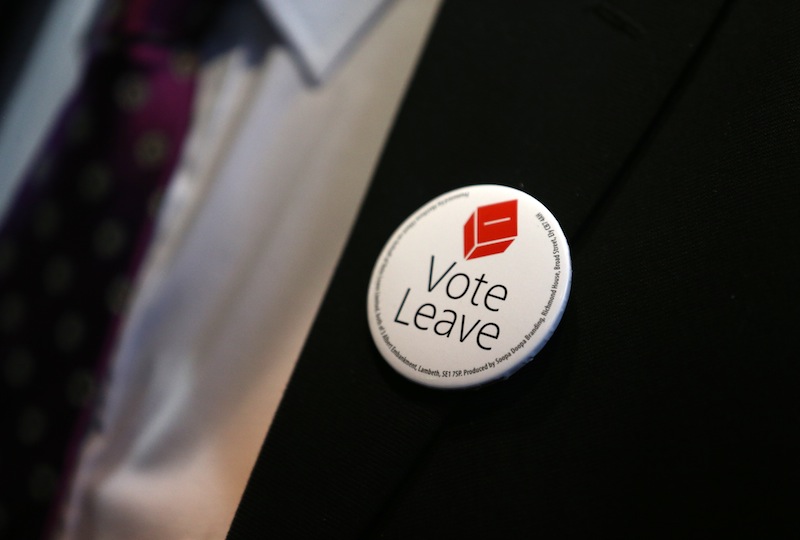 Campaign memorabilia is pictured on the jacket of a man as he attends the world premiere of the film 'Brexit: the Movie' in London's Leicester Square, ahead of the EU referendum in Britain on June 23, 2016. u00e2u20acu201d AFP pic