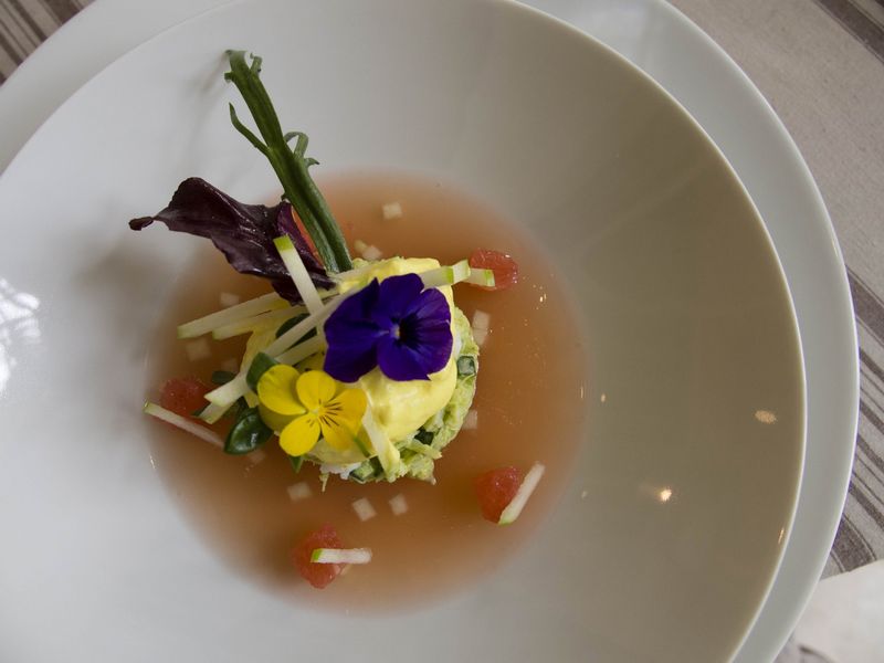 Spiced crab on grapefruit jelly with citrus mousse. — Picture by Carla Capalbo 