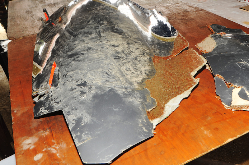 A piece of debris that was recovered from the scene of the helicopter crash in Lingga May 8, 2016. — Picture by Azinuddin Ghazali