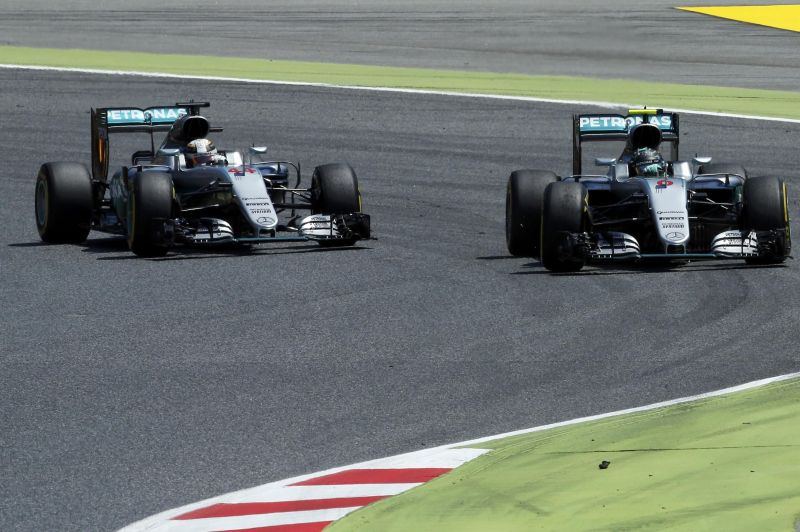 Formula One - Spanish Grand Prix - Barcelona-Catalunya racetrack, Montmelo, Spain - 15/5/16 Mercedes F1 driver Nico Rosberg (R) of Germany and team mate Lewis Hamilton of Britain. REUTERS/Albert Gea