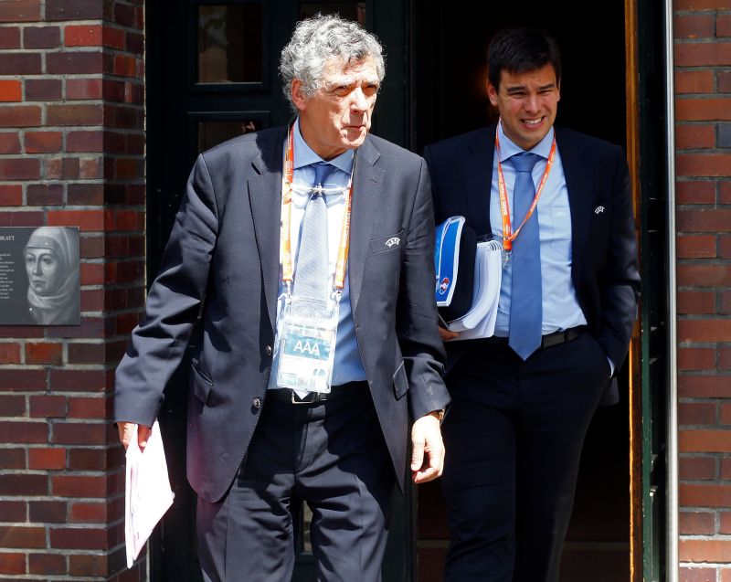 Uefa vice-president Angel Maria Villar Llona of Spain (L) leaves after the Uefa executive committee meeting in Basel, Switzerland, May 18, 2016. REUTERS/Ruben Sprich 