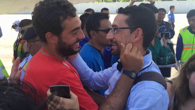 A cheerful reunion for Spaniard David Hernandes Gasulla, 30 who arrived at Kota Kinabalu International Airport at 9.20am today. u00e2u20acu2022 Picture by Julia Chan
