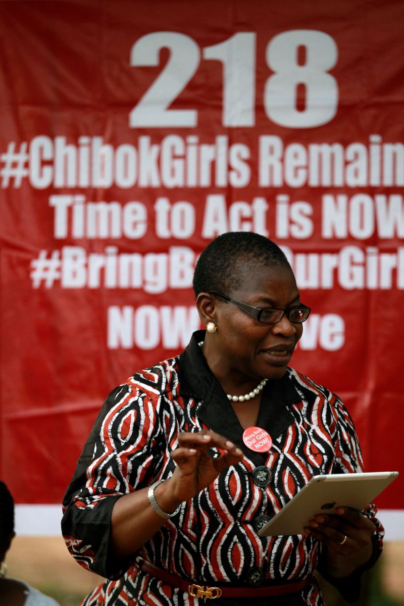 Oby Ezekwezili in Abuja, Nigeria, May 19, 2016, speaks at the sit-out of the #Bringbackourgirls (BBOG) group, which calls for the release of the Chibok girls abducted by Boko Haram.