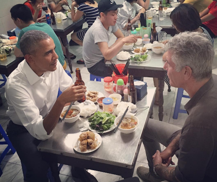 Obama and Bourdain chat over a meal of bun cha (grilled pork and noodles) in Hanoi last night. u00e2u20acu201d Picture via Instagram.com/AnthonyBourdain