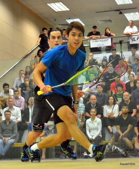 Ivan Yuen (front) fights in vain for the crucial point that would set him up an an all-Malaysia final.at the Hong Kong Football Club International May 27, 2016, Pictures courtesy of Steve Cubbin/SquashSite  