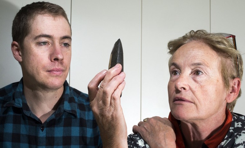 Lead archaeologist professor Sue Ou00e2u20acu2122Connor and PHD student Tim Maloney inspect an example of the worldu00e2u20acu2122s oldest known axe of which a fragment has been unearthed in Australia. u00e2u20acu201d Handout via AFP