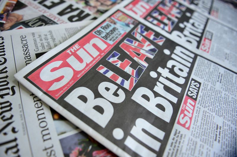 An arrangement of newspapers pictured in London on June 14, 2016 shows the front page of the Sun daily newspaper with a headline urging readers to vote u00e2u20acu02dcLeaveu00e2u20acu2122 in the June 23 EU referendum. u00e2u20acu201d AFP pic