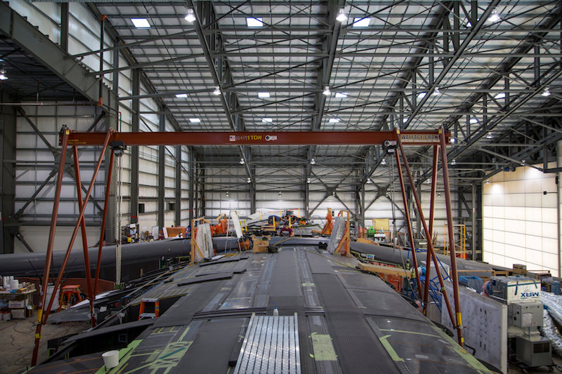 The Vulcan Aerospace’s Stratolaunch rockets wing assembly is shown under construction by Northrop Grumann Scaled Composites at the Mojave Air and Space Port in Mojave, California, in this handout photo released to Reuters June 19, 2016.