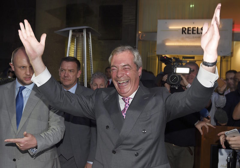 Nigel Farage, the leader of the United Kingdom Independence Party (Ukip), reacts at a Leave.eu party after polling stations closed in the Referendum on the European Union in London June 24, 2016. u00e2u20acu201d Reuters pic