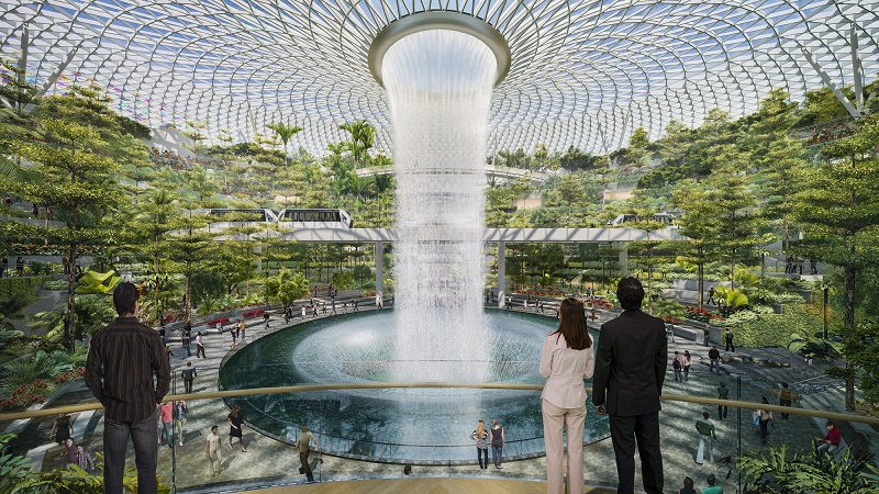 Rendering for the Rain Vortex at the Jewel Changi Airport. u00e2u20acu201d Graphics courtesy of Jewel Changi Airport Devt
