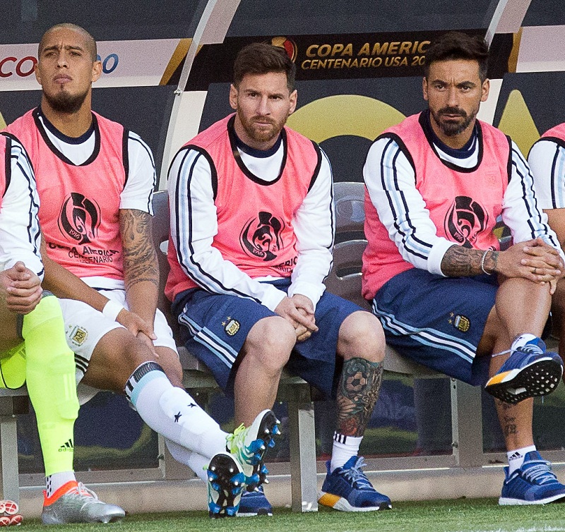 Argentina midfielder Lionel Messi (centre) on the bench against Chile during the first half during the group play stage of the 2016 Copa America Centenario at Leviu00e2u20acu2122s Stadium, Santa Clara, California June 6, 2016. u00e2u20acu201d Picture by Kelley L Cox/USA TODAY Sp