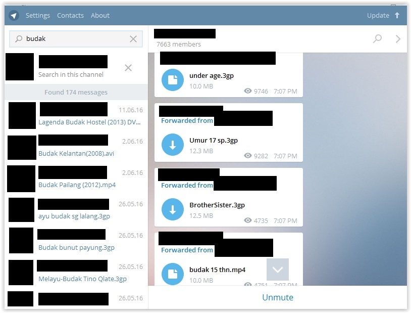 Screen capture of searches in local porn groups and channels on Telegram. The names of the group/ channel are redacted.