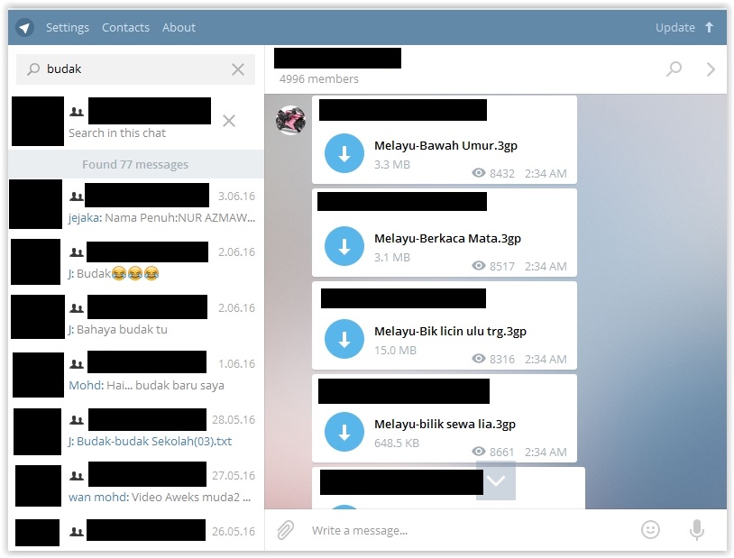 Screen capture of searches in local porn groups and channels on Telegram. The names of the group/ channel are redacted.