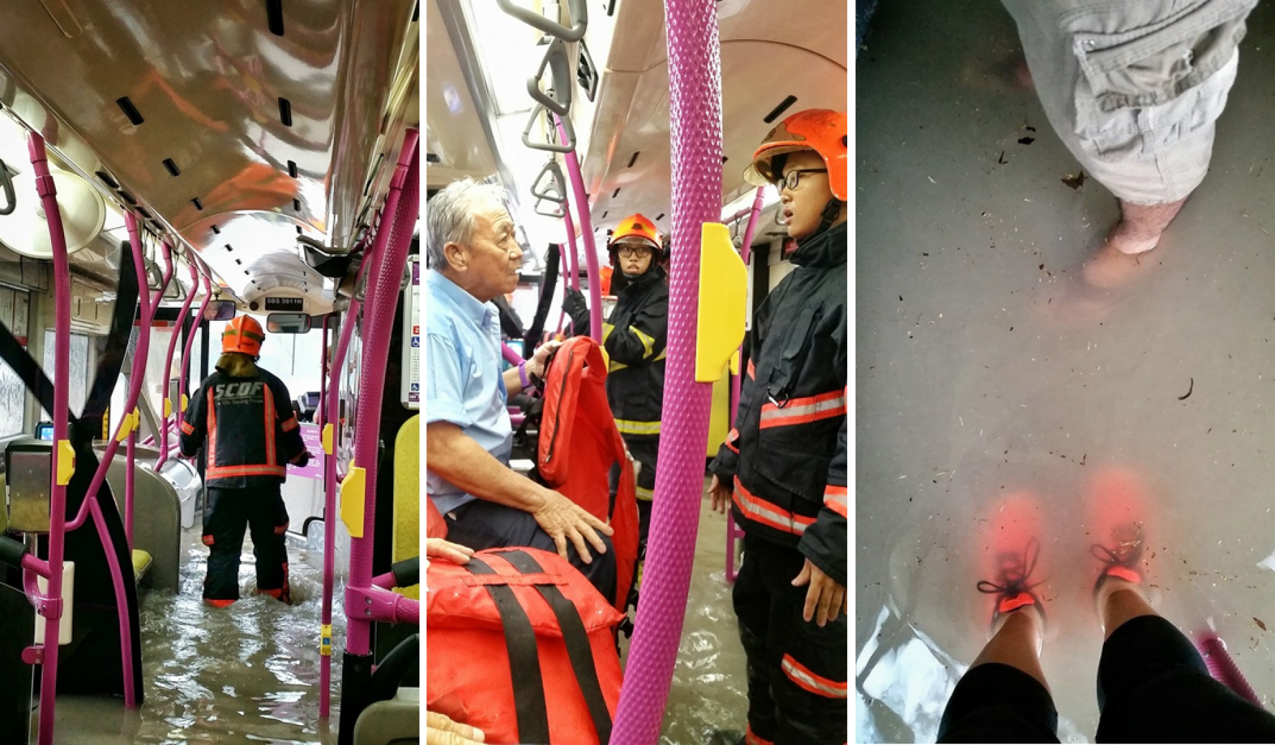 Photos shared by Facebook user Thessa Huu00c3u00acyu00c4u00abng show that floodwaters had seeped onto an SBS bus that was in service. Life vests were used in SCDFu00e2u20acu2122s rescue efforts. u00e2u20acu201d Picture courtesy of TODAY/Facebook