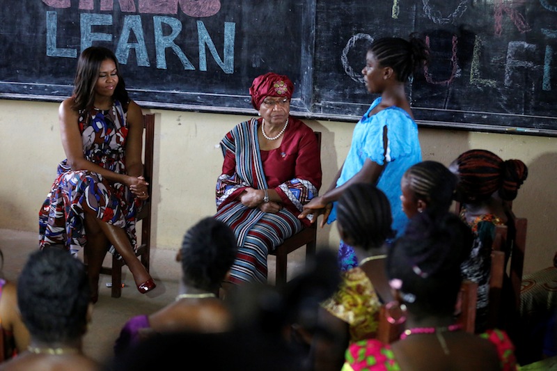 Michelle Obama sits with Liberian President Ellen Johnson Sirleaf as she talks with students at the R. S. Caulfield School girls center in Margibi County, Liberia, June 27, 2016. u00e2u20acu201d Reuters pic