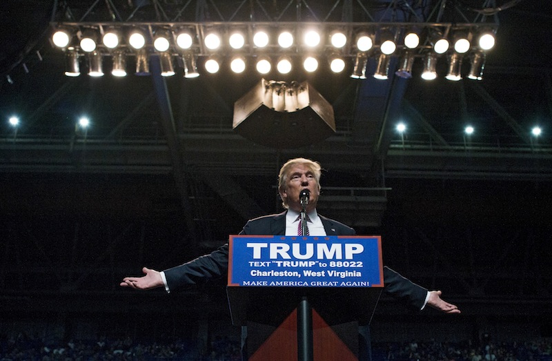 Donald Trump speaks to a crowd of supporters during a presidential campaign rally at the Charleston Civic Center in Charleston, W.Va., May 5, 2016. u00e2u20acu201d NYT pic