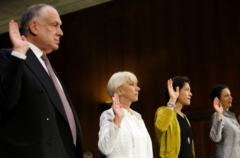 Actress Helen Mirren (centre) sworn in with others on the panel before testifying at a joint Senate Judiciary Subcommittee hearing on Capitol Hill in Washington U.S. June 7, 2016. u00e2u20acu201d Reuters picn