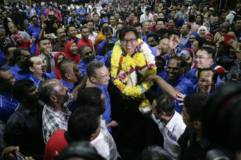 BN candidate Budiman Mohd Zohdi celebrating his victory in the Sungai Besar by-election, June 18, 2016. u00e2u20acu201d Picture by Yusof Mat Isa