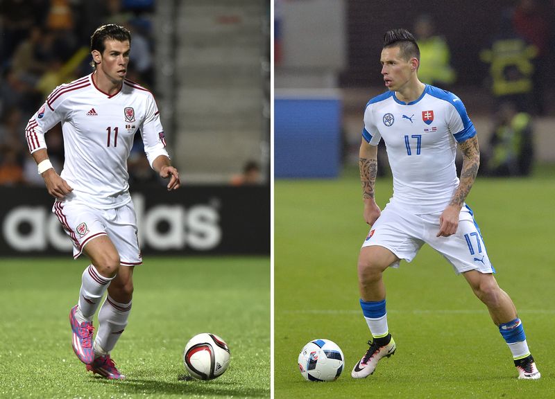 A combination of two file pictures shows Wales' forward Gareth Bale (left) in Andorra on September 9, 2014 and Slovakia's forward Marek Hamsik in Trnava on March 25, 2016. u00e2u20acu201d AFP pic