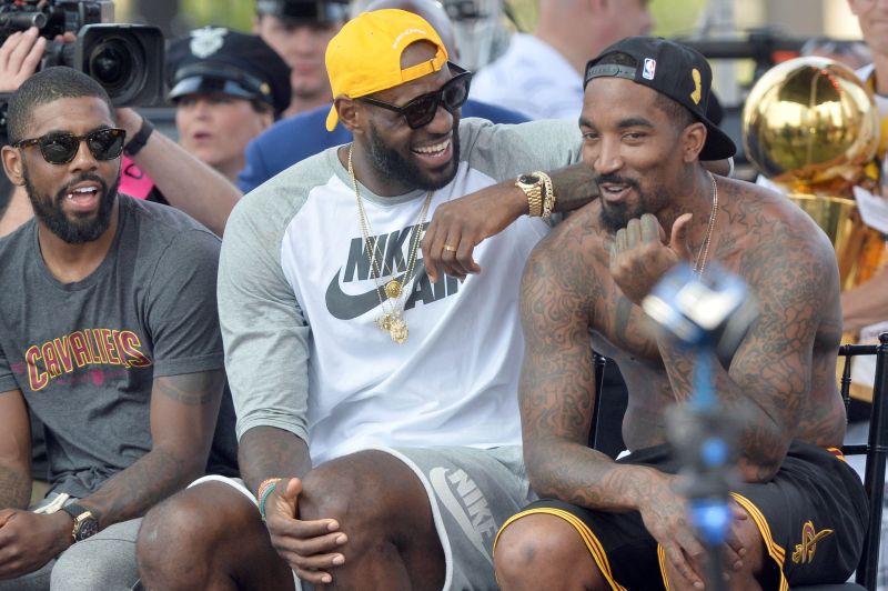 Jun 22, 2016; Cleveland, Ohio; Cleveland Cavaliers guard Kyrie Irving, forward LeBron James and guard J.R. Smith at the Cleveland Cavaliers NBA championship celebration in downtown Cleveland. Mandatory Credit: Ken Blaze-USA TODAY Sports