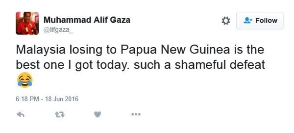 Screenshot of a comment on Twitter deriding the Malaysian football team.