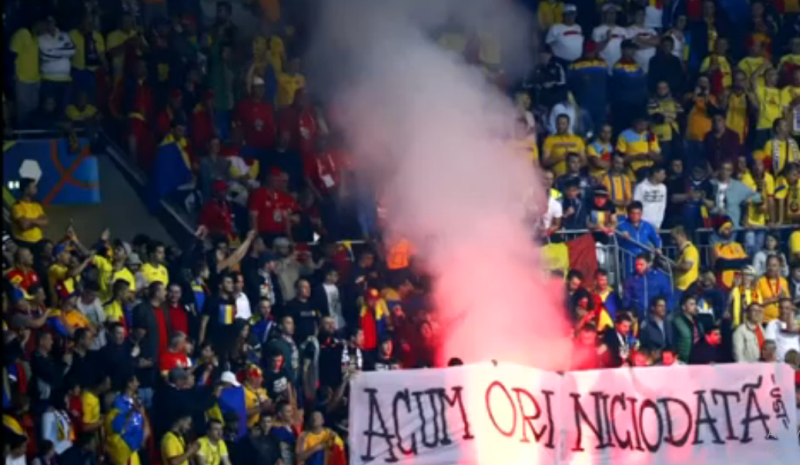 Albania and Romania face action from Uefa after their fans lit flares during their group match in Lyon June 19, 2016 screenshot off Reuters video