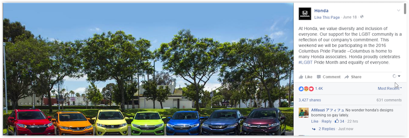 American Honda Motor Company, Inc posted on its Facebook page last Saturday that it would be participating in the 2016 Columbus Pride Parade in Ohio. u00e2u20acu201d Screengrab from Hondau00e2u20acu2122s Facebook page.