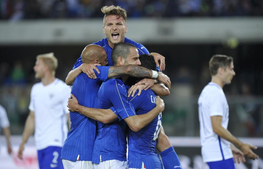 Italy's Antonio Candreva (centre) celebrates with teammates after scoring against Finland in a friendly at the Bentegodi Stadium, Verona June 7, 2016. u00e2u20acu201d Reuters pic