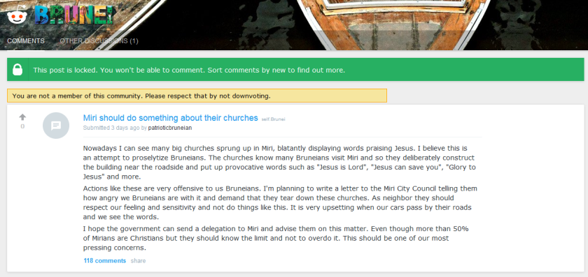 In the /r/brunei sub-forum on the Reddit website, 'patrioticbrunei' claimed citizens of his country were upset with Sarawak churches displaying 'provocative' words on their front walls facing the road. u00e2u20acu201d Reddit screencap