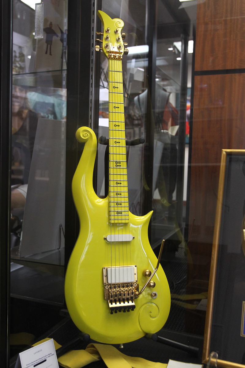 A Prince owned and played custom-made signature Yellow Cloud guitar (circa 1988-1994) is displayed during a media preview in Los Angeles June 22, 2016. — AFP pic