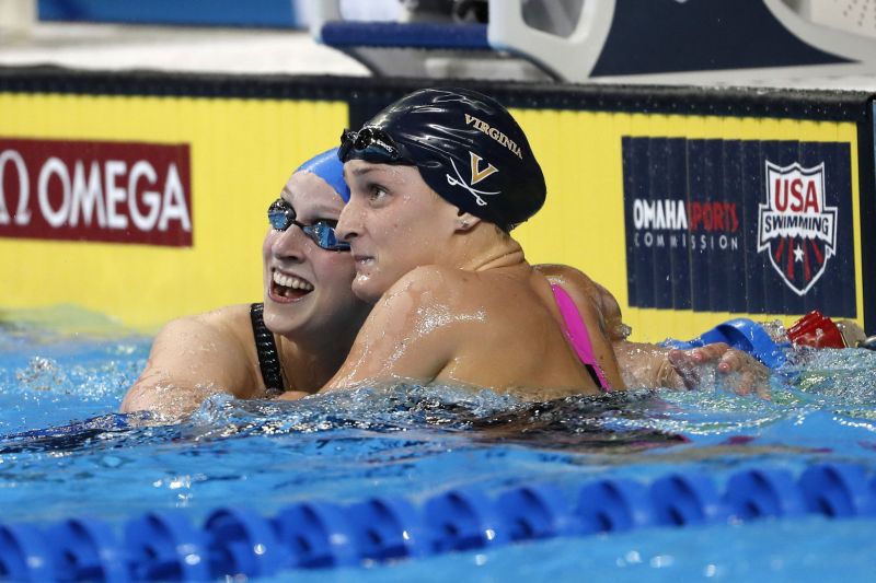 Jun 27, 2016; Omaha, NE, USA; Katie Ledecky (R) and Leah Smith after the womenu00e2u20acu2122s freestyle 400m final in the US Olympic swimming team trials at CenturyLink Centre. Mandatory Credit: Erich Schlegel-USA TODAY Sports